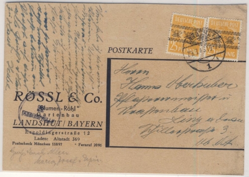 Bizone - 2x25 Pfg. Arbeiter/Band, Karte n. ÖSTERREICH, Landshut - Linz 1948
