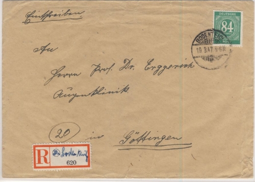 All.Bes. - 84 Pfg. Ziffer, Einschreibebrief Bodenteich - Göttingen 1947 -