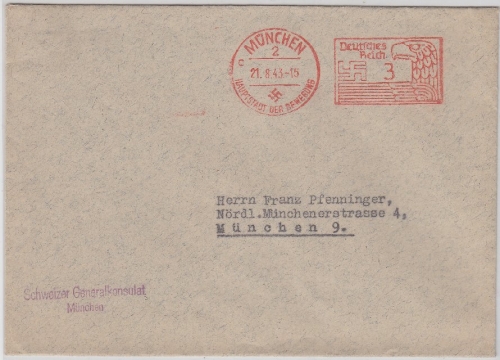 DR - 3 Pfg. Gebühren-FS, Ortsdrucksache München 1943, schweiz. Generalkonsulat
