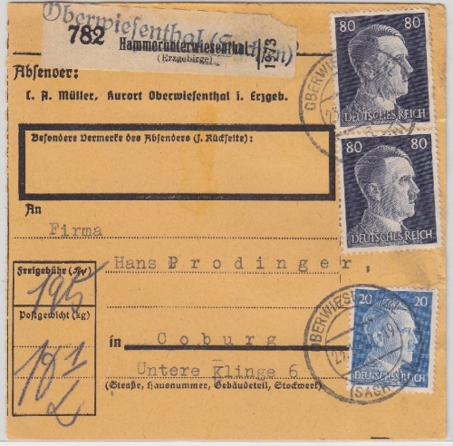 DR - 2x80+20+15 Pfg. AH, Paketkarte Oberwiesenthal - Coburg 1942