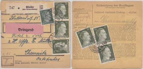 DR - 6x30+5 Pfg. AH, Dringend-Paketkarte Effelder (Kr. Sonneberg) - Chemnitz