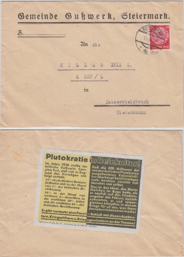DR - 12 Pfg. Hindenburg, Firmenbrief (rs. Propagandavignette) Gußwerk 1940