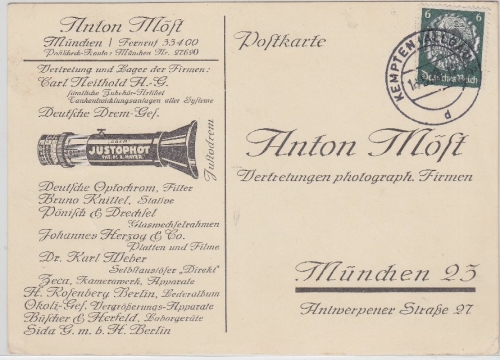 DR - Kempten 1938, illustr. Firmenkarte (Möst Foto-Zubehör, München) n. München
