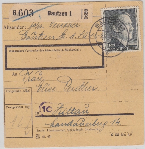 DR - 1 RM AH Einzelfrankatur Paketkarte Bautzen - Zittau 1944