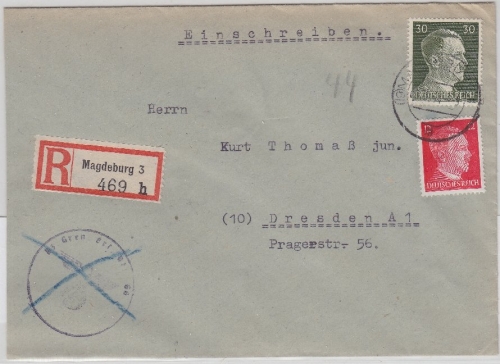 DR - (19) Magdeburg 1, PLZ-Stempel a. Einschreibebrief n. Dresden 4.9.44