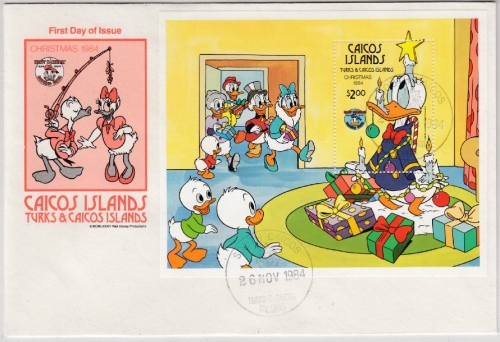 Caicos Island - 2$ Blockausgabe Disney/Christmas 1984, Schmuck-FDC
