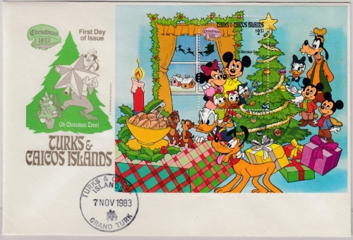 Turks & Caicos Island - 2,50$ Blockausgabe Disney/Christmas 1983, Schmuck-FDC