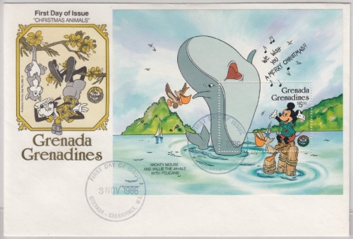 Grenada - 5 $ Blockausgabe Disney/Weihnachten/Walfisch1986, Schmuck-FDC