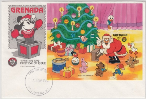 Grenada - 5 $ Blockausgabe Disney/Weihnachten/Weihnachtsmann1986, Schmuck-FDC
