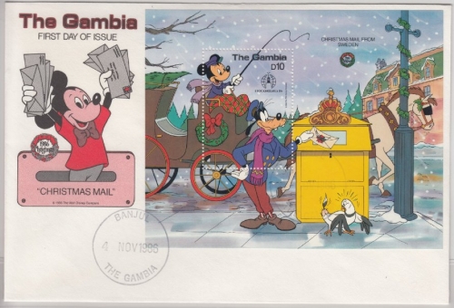 Gambia - 10 D. Blockausgabe Disney/Weihnachten 1986, Schmuck-FDC