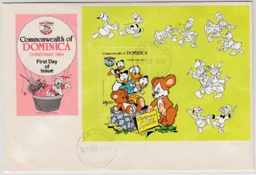 Dominica - 5 $ Blockausgabe Disney/Weihnachten 1984, Schmuck-FDC