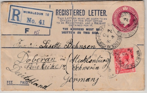 Großbritannien - 4 1/2 P. George GA-Einschreibeumschlag + Zusatz Wimbledon 1926