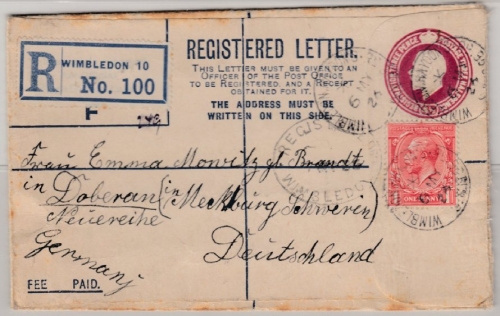 Großbritannien - 4 1/2 P. George GA-Einschreibeumschlag + Zusatz Wimbledon 1924