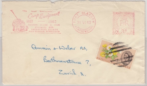 Großbritannien - 3 P. meter mark "The Camp Equipment" u.a., Brief Glasgow -