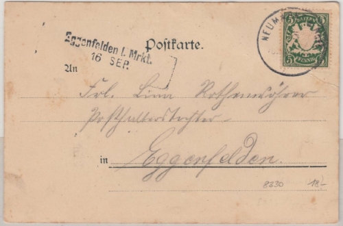 Bayern - Eggenfelden I Mrkt. 16 SEP., Aushilfsstempel/L2 a. Karte v. Neumarkt