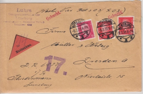 DR - 2x10+15 Pfg. Reichspräsidenten, Nachnahmebrief Lüneburg - Dresden 1930