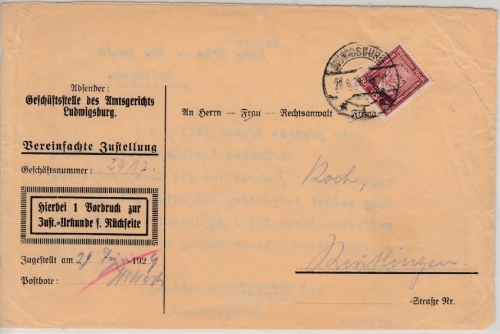 DR - 60 Pfg. Stephan/Dienst, Zustellurkunde Ludwigsburg - Reutlingen 1924
