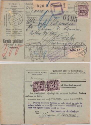 DR - 3x100 Pfg. Korbdeckel, Paketkarte n. NORWEGEN, Oberstein 1926 n. Oslo