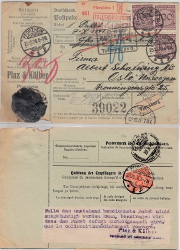 DR - 3x100+50 Pfg. Korbdeckel, Wertpaketkarte n. NORWEGEN, Pforzheim - Oslo 1926