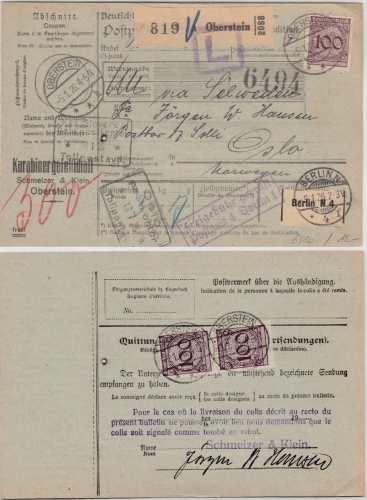 DR - Paketkarte n. NORWEGEN, 3x100 Pfg. Korbdeckel, Oberstein - Oslo 1926