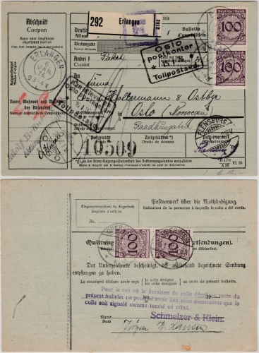 DR - 3x100 Pfg. Korbdeckel, Paketkarte n. NORWEGEN, Oberstein - Oslo 1926
