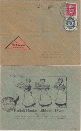 DR - Mischfrankatur Freimarken/Dienst, Nachnhamebrief Bielefeld - Lübbecke 1930