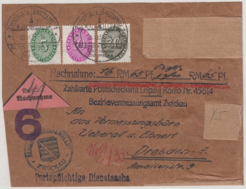 DR - 30+10+5 Pfg. Stohhut, Nachnahmebrief bis 250g (Vds.) Zwickau - Dresden 1933