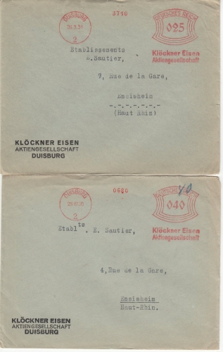 DR - 25 u. 40 Pfg. AFS "Klöckner Eisen AG", 2 Briefe n. FRANKREICH, Duisburg -