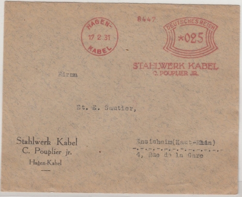 DR - 25 Pfg. AFS "Stahlwerk Kabel", Brief n. FRANKREICH, Hagen-Kabel - Ensisheim