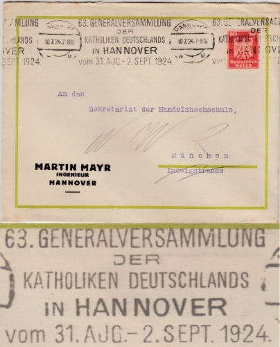 DR - 63. Generalvers. d. Katholiken Deutschlands 1924 Brief Hannover - München