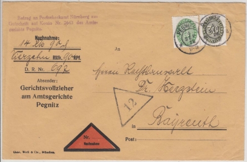 DR - 30+5 Pfg. Strohhut/Dienst, Nachnahmebrief Pegnitz - Bayreuth 1928