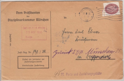 DR - 60 Pfg. Strohhut/Dienst, Zustellurkunde München - Deggendorf 1930, Retour