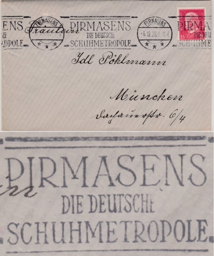 DR - Pirmasens die deutsche Schuhmetropole, Masch.werbstpl. a. Brief n. München