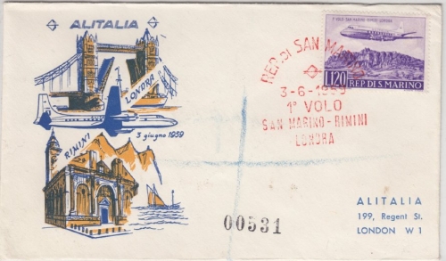 San Marino - Erstflug San Marino - Rimini - London, Schmuckkuvert 1959
