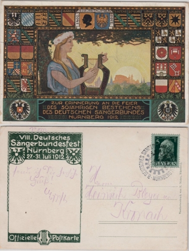Bayern - Nürnberg 1912 50 J. Dt. Sängerbund, Sonderkarte + SST Bundesfest
