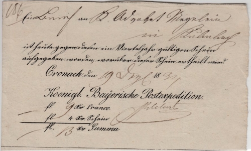 Bayern - Cronach 1834, vorgedr. Aufgabeschein f. Chargebrief n. Kulmbach