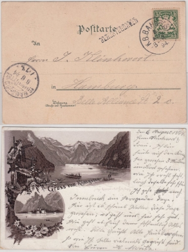 Bayern - Berchtesgaden 1894 Stations-L1 AK-Vorläufer Königsee 1894 n. Hamburg