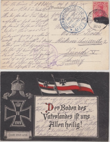 Feldpost 1915 - 10 Pfg. Germania, patriot. Feldpostkarte i.d.SCHWEIZ Zensur Metz