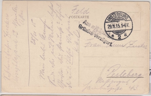 Feldpost 1915 - Aus militärischen Gründen verzögert L2 Feldpostkarte Insterburg