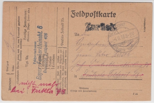 Bayern - Funkerkleinabteilung 6 Fp 406 L3 Feldpostkarte/Querverbindung 1917