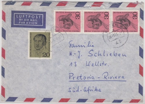 BRD - 3x30+20 Pfg. Hölderlin/Hegel Lupo-Brief n. SÜDAFRIKA Essen - Pretoria 1970