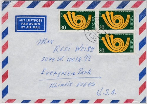BRD - 3x30 Pfg. Europa Lupobrief n. USA Friesenheim - Evergreen Park 1973