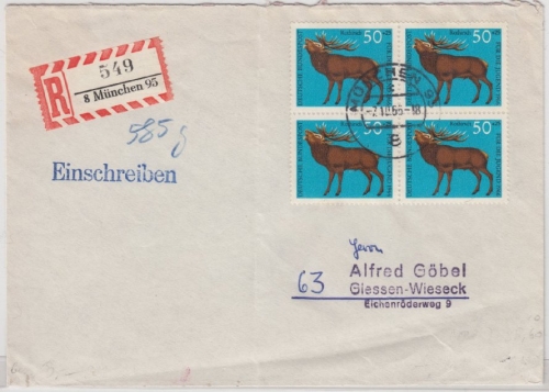 BRD - 4x50 Pfg. Jugend (Hirsch), Einschreibebrief München 95 - Giessen 1966