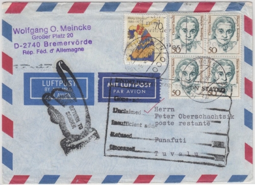 BRD - 4x50 Pfg. Frauen u.a., Lupobrief n. TUVALU, Hamburg - Funafuti 1988