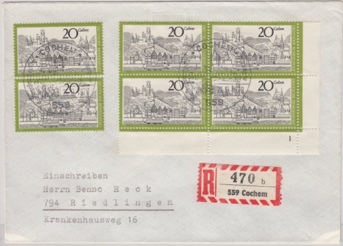 BRD - 6x20 Pfg. Cochem (1x Formnummer) Einschreibebrief/FDC + ESST Cochem 1970
