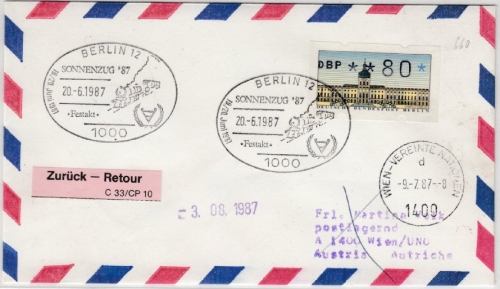Berlin - 80 Pfg. ATM Lupo-Drucksache n. ÖSTERREICH SST Berlin Sonnenzug 1987