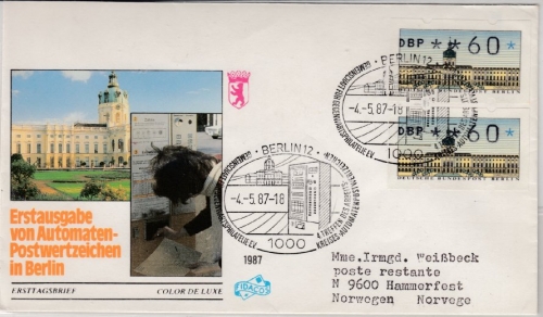 Berlin - 2x60 Pfg. ATM Schmuck-FDC n. NORWEGEN, ESST Berlin - Hammerfest 1987