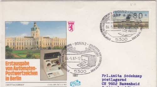Berlin - 80 Pfg. ATM Schmuck-FDC i.d. SCHWEIZ, ESST Berlin - Bazenheid 1987