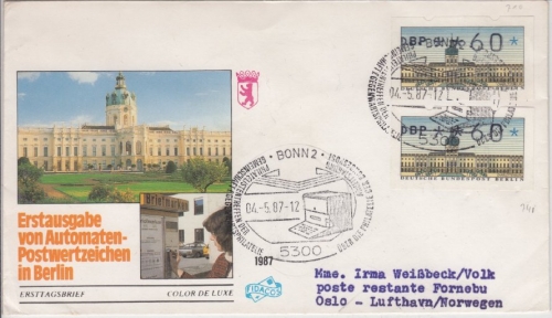 Berlin - 2x60 Pfg. ATM Schmuck-FDC n. NORWEGEN ESST Berlin - Oslo 1987