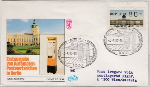 Berlin 80 Pfg. ATM, Schmuck-FDC n. ÖSTERREICH, ESST Berlin - Wien 1987